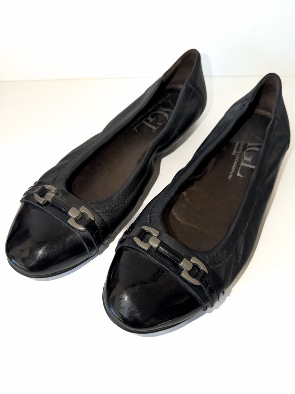 AGL Black Ballet Flats Patent Cap Toe Black Leather Pewter Buckle Women Sz 41/10 - Picture 3 of 12
